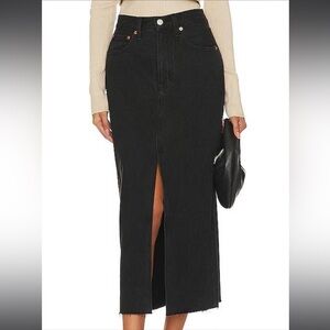 Pistola Alice Midi Denim Skirt Black Rigid Cotton Frayed Hem Front Slit Size 28